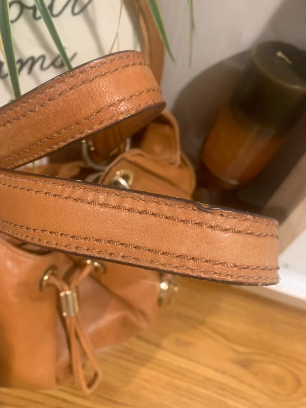 Michael Kors Ludlow Cognac Leather Drawstring Shoulder Bag with Gold Accents - Picture 4 of 16